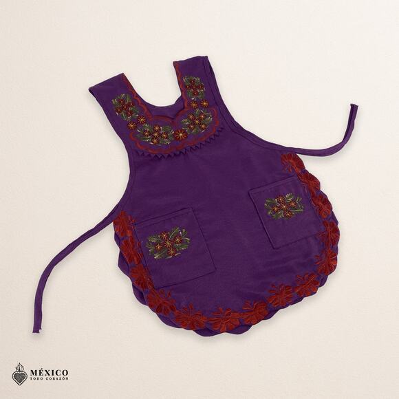 Purple Mexican Embroidered Smock Apron – Floral Traditional Design for Women - Picture 5 of 8